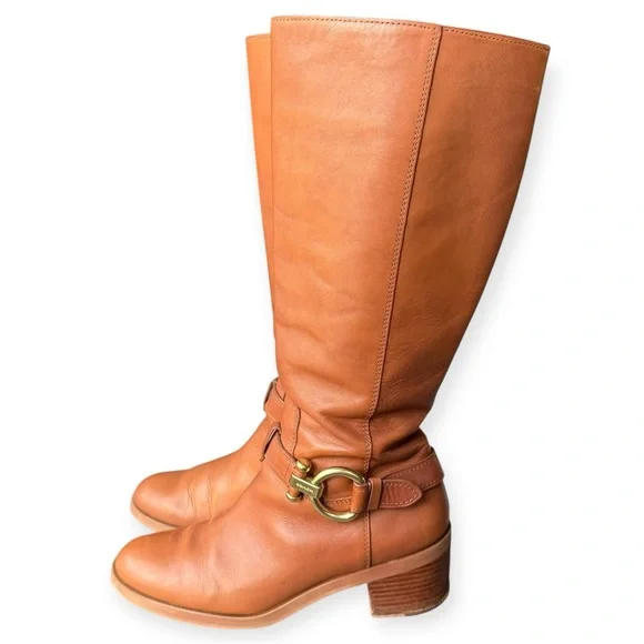 COACH Saddle Brown California Calf Leather Boots with Signature Gold Buckles, 9M - Picture 2 of 16